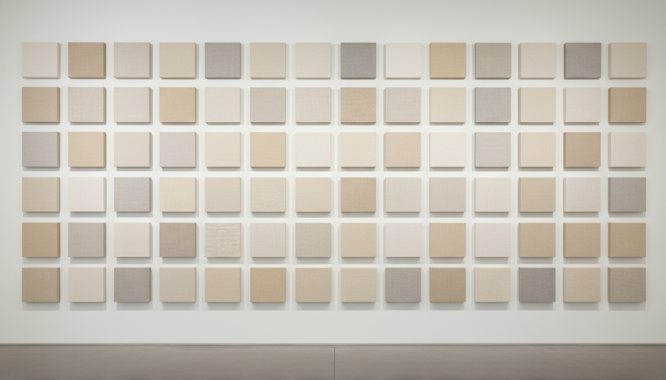 A museum wall with beige and gray samples